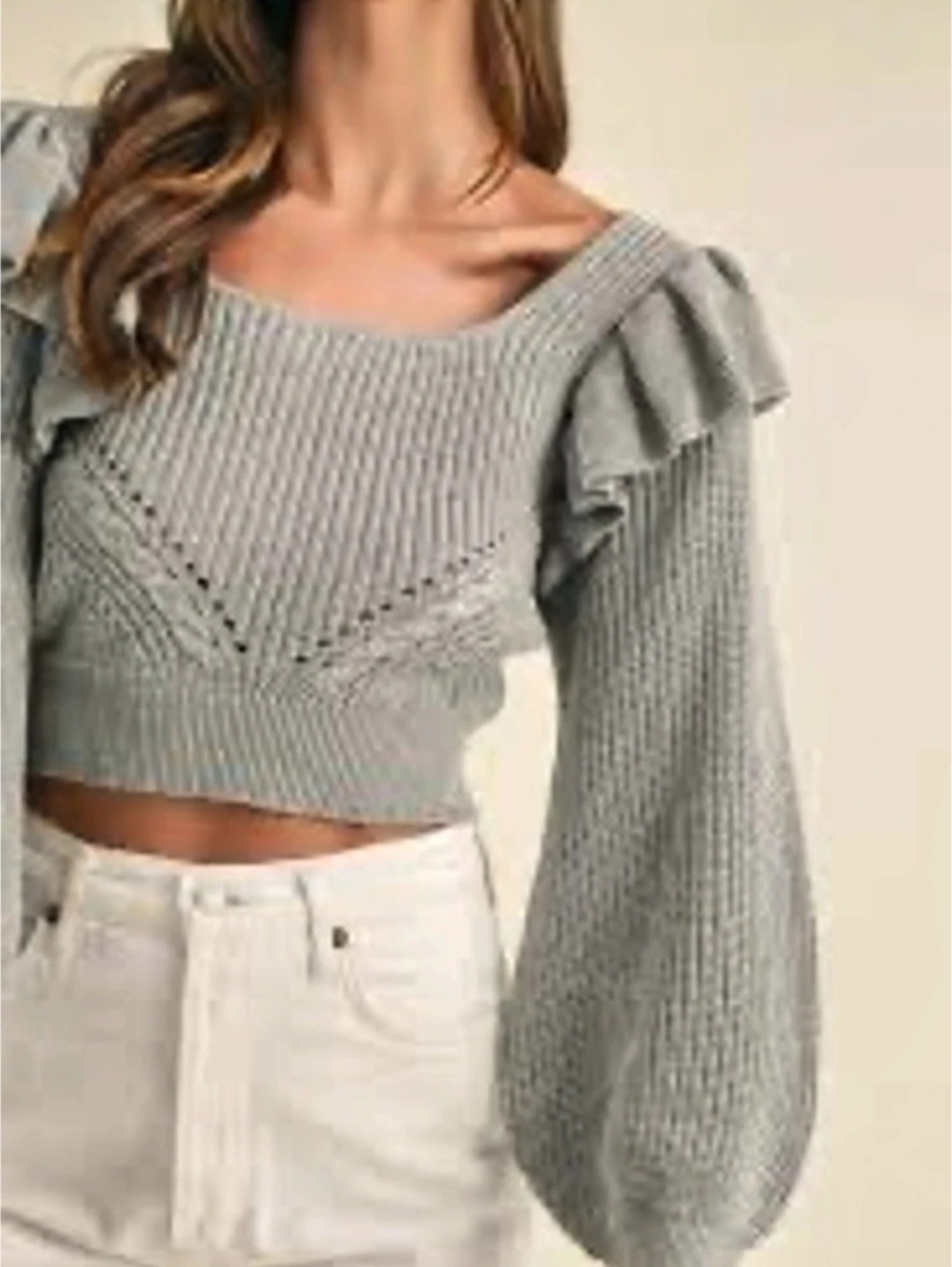 MABLE Gray Ruffle Sleeve Sweater Size Large Like New